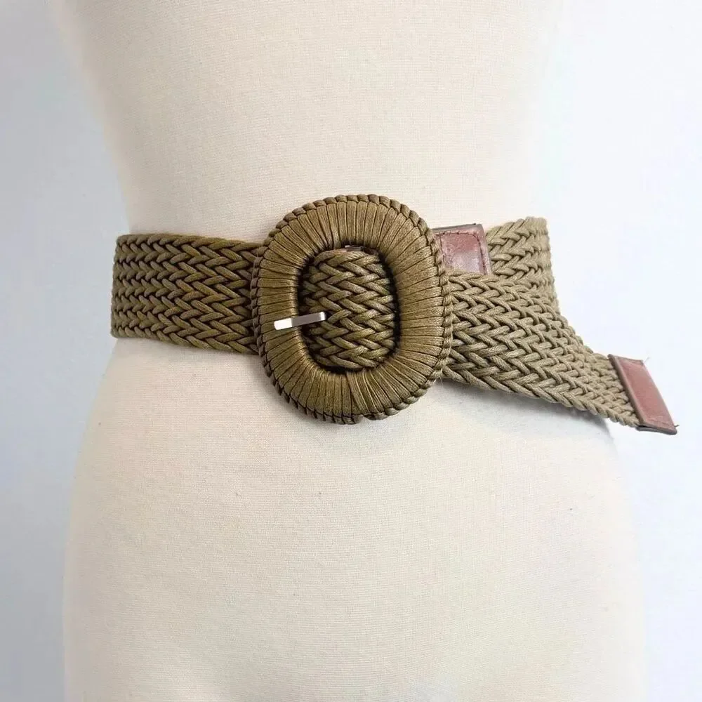 Large Buckle Olive Khaki Crochet Woven Belt Small-Medium Faux Leather